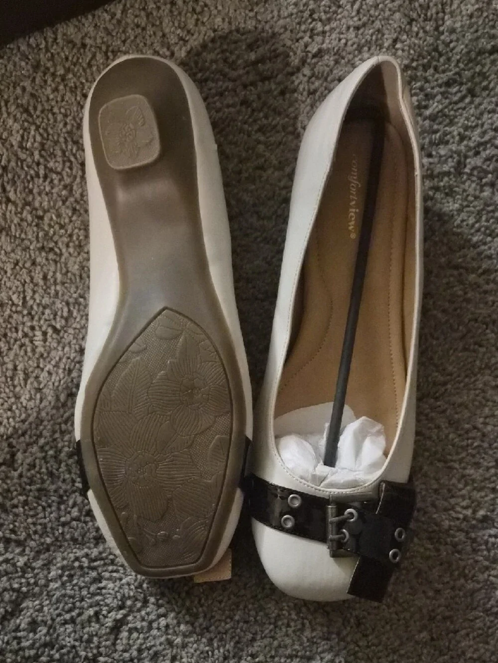 comfort plus by Predictions White Ballet Flats with Black Buckle Trim